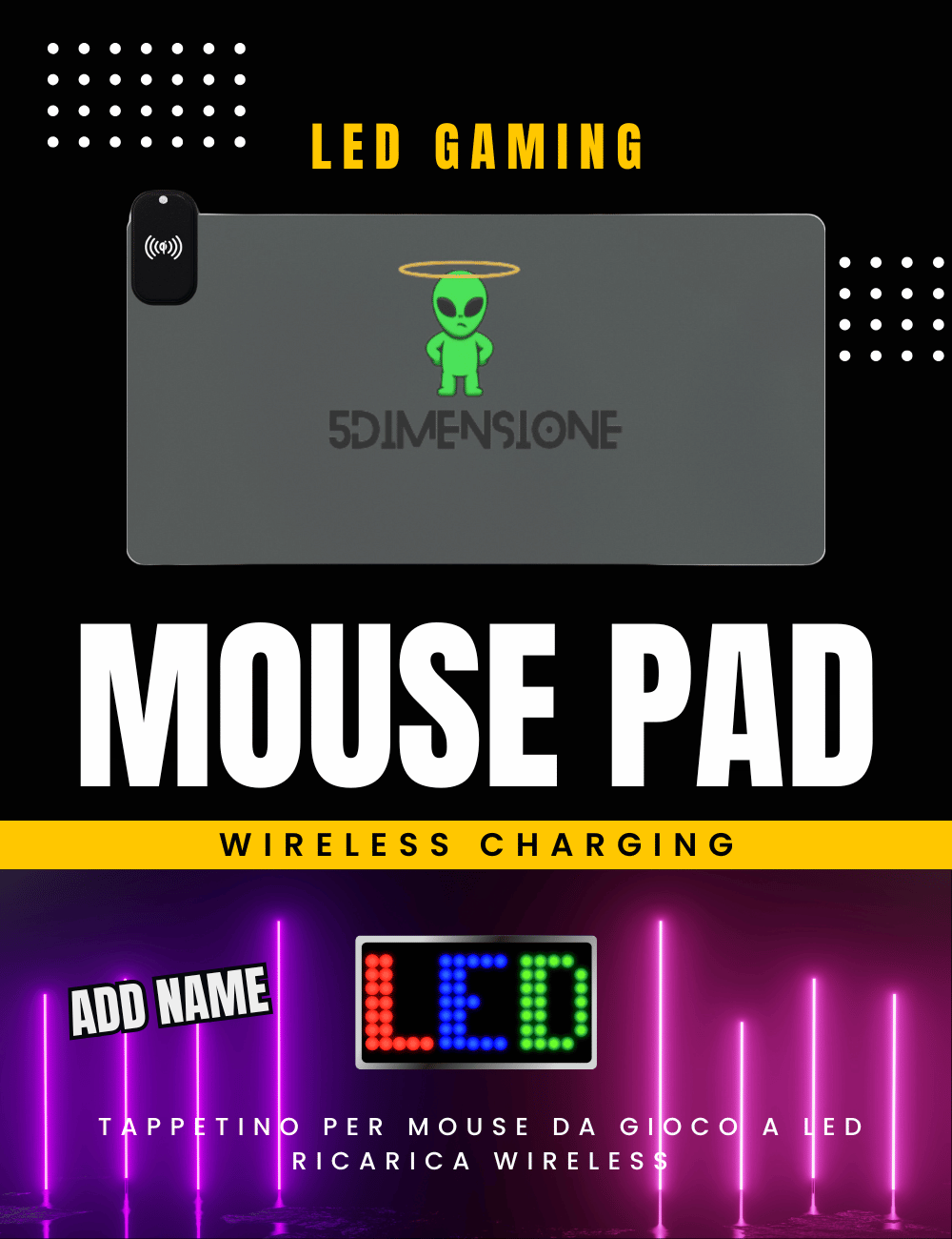Tappetino per Mouse da Gioco a LED con Ricarica Wireless - Personalizzabile, 6 Dimensioni e Vari Colori